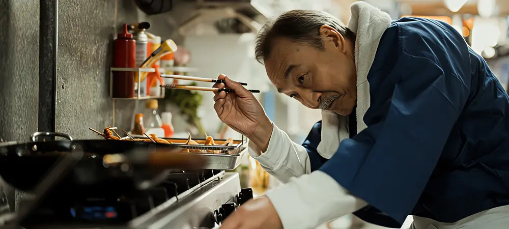 Chef japonais préparant un plat dans une cuisine traditionnelle, ambiance authentique.